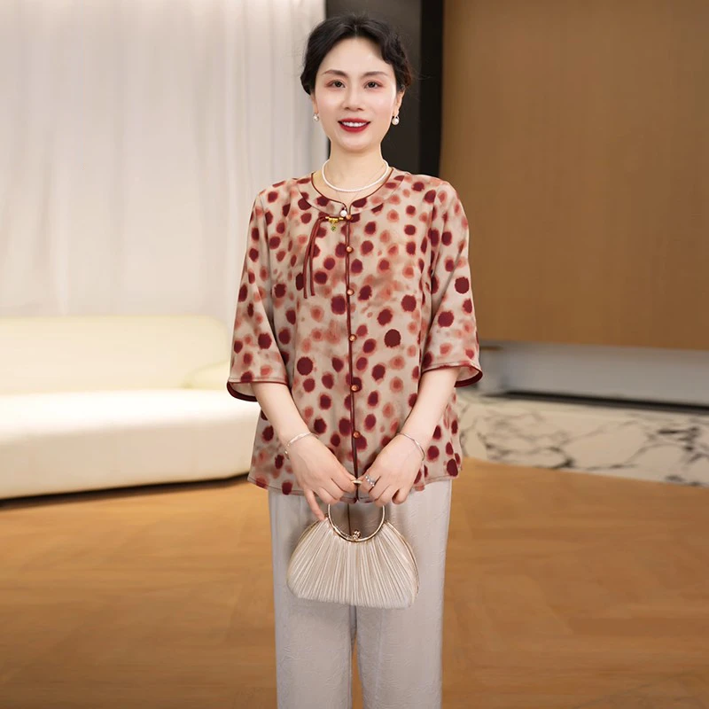 妈妈夏装短袖洋气套装2025新款中老年女装时尚大码新中式两件套装
