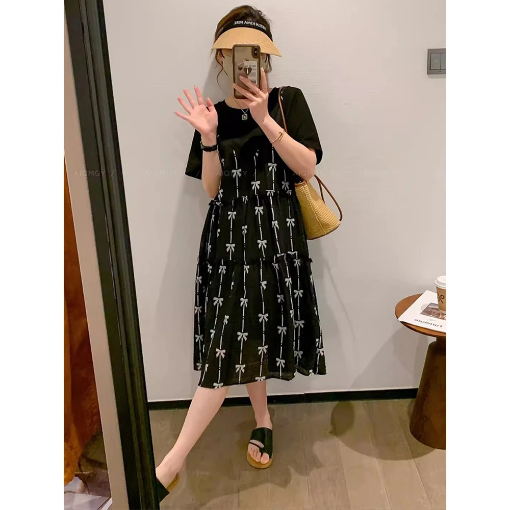 【人收藏】韩版假两件新款短袖连衣裙拼接中长款夏季时尚