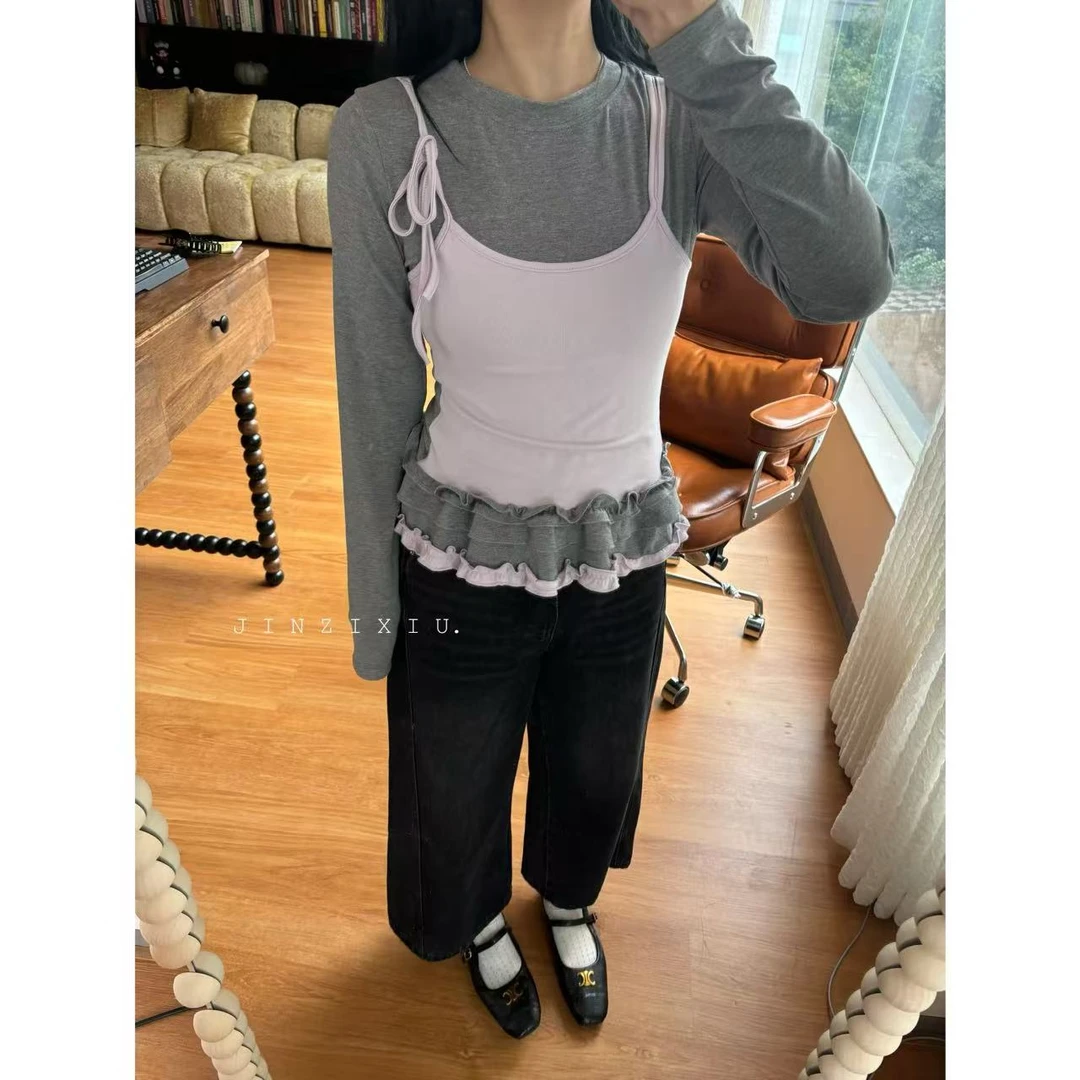 【JINZIXIU】 • 韩博同款 •ins泡菜新款条纹肤感拼色长袖假两件小衫