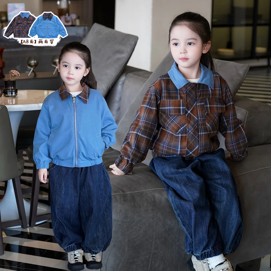 AnnieGirl秋季新款双面穿休闲日系夹克男女童2025秋款儿童外套