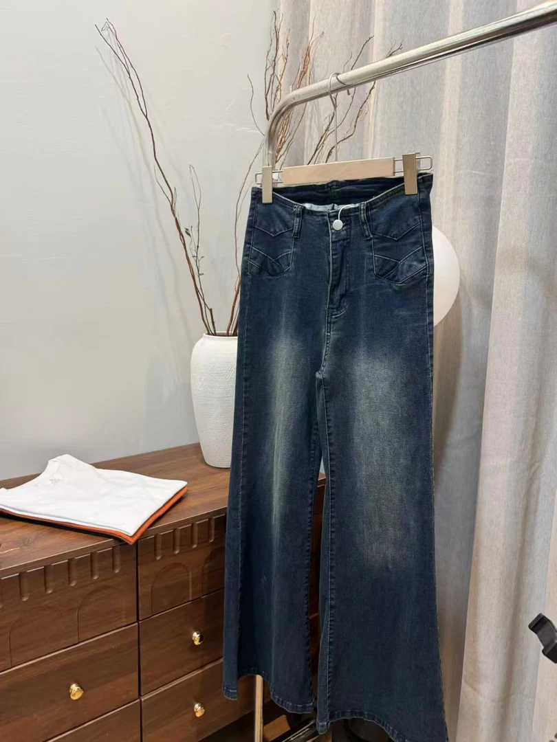 T04秋季新款高腰牛仔裤女宽松直筒显瘦阔腿爆款设计款长裤子