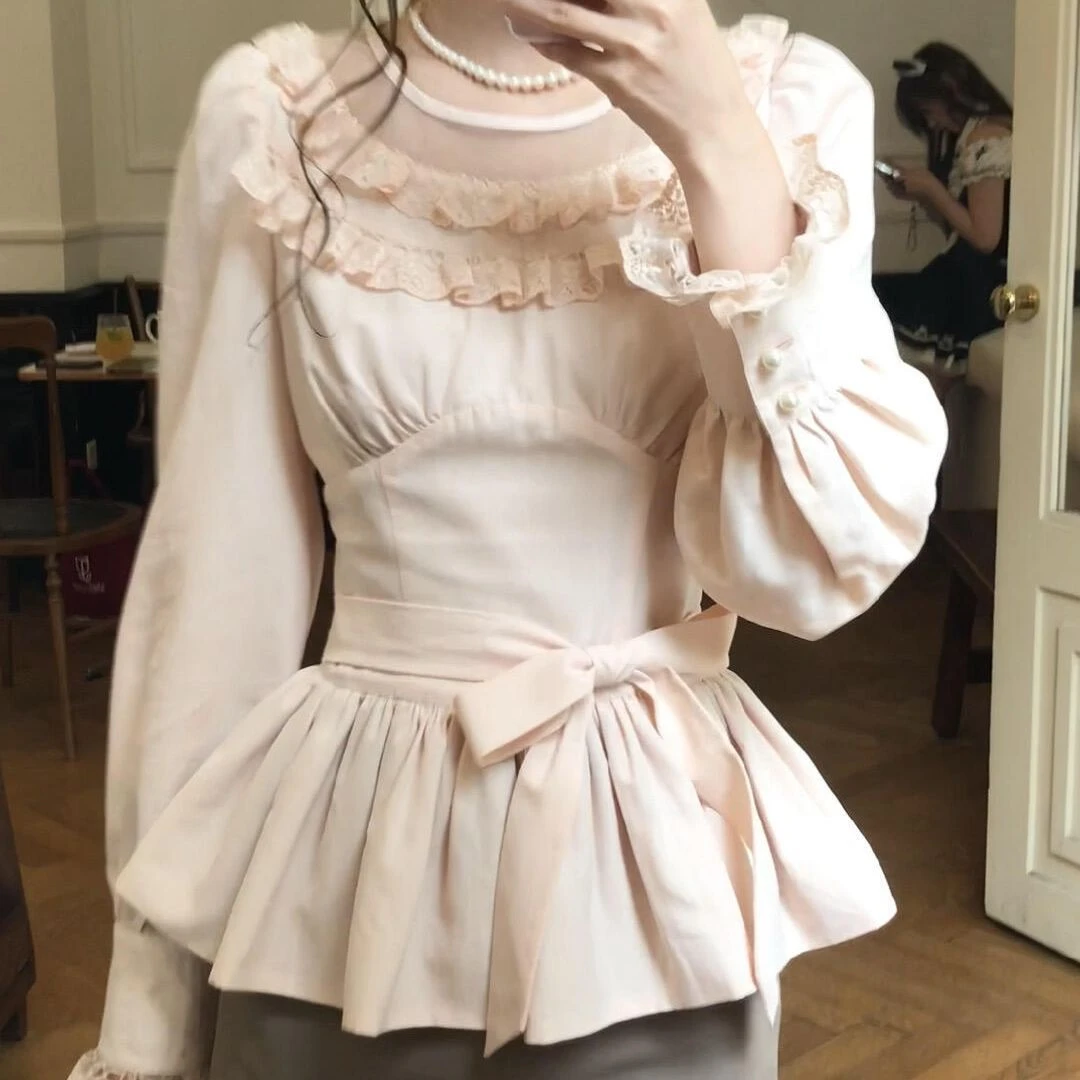 日系甜美感长袖衬衣套装女秋季设计感收腰撞色显瘦短裙两件套