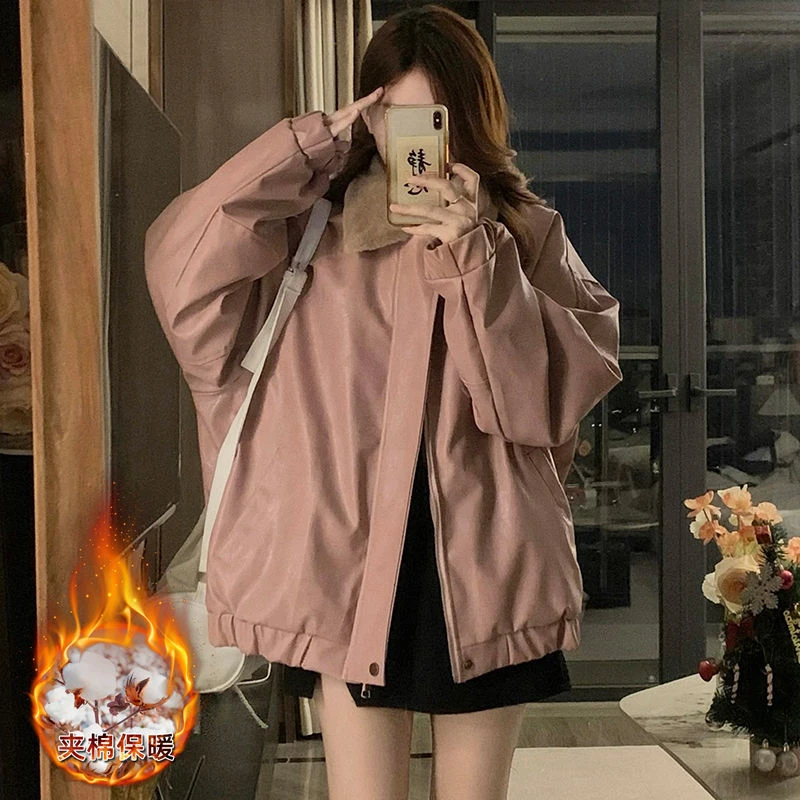 冬季新款皮毛一体夹棉皮衣外套男女美式复古保暖棉服情侣PU皮夹克
