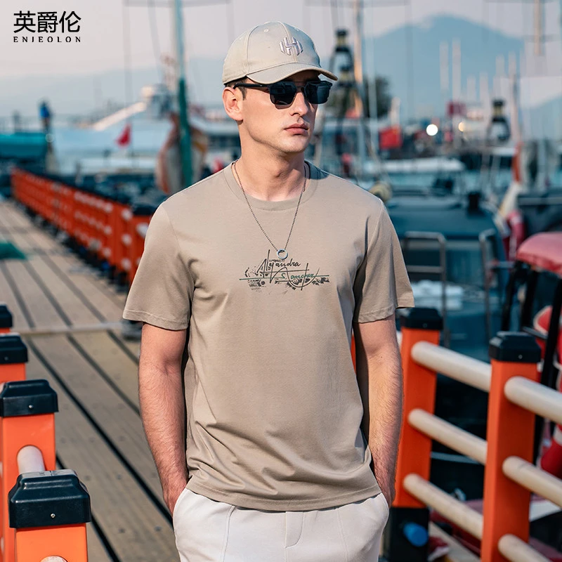 210G重磅线条英文印花短袖t恤男生夏季潮流休闲正肩上衣服T3252