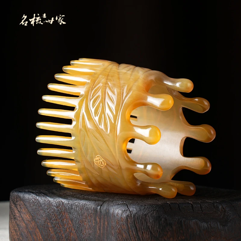 【名梳】精品白水牛角洗头梳按摩头皮梳雕刻洗头筒防静电梳筒多功能