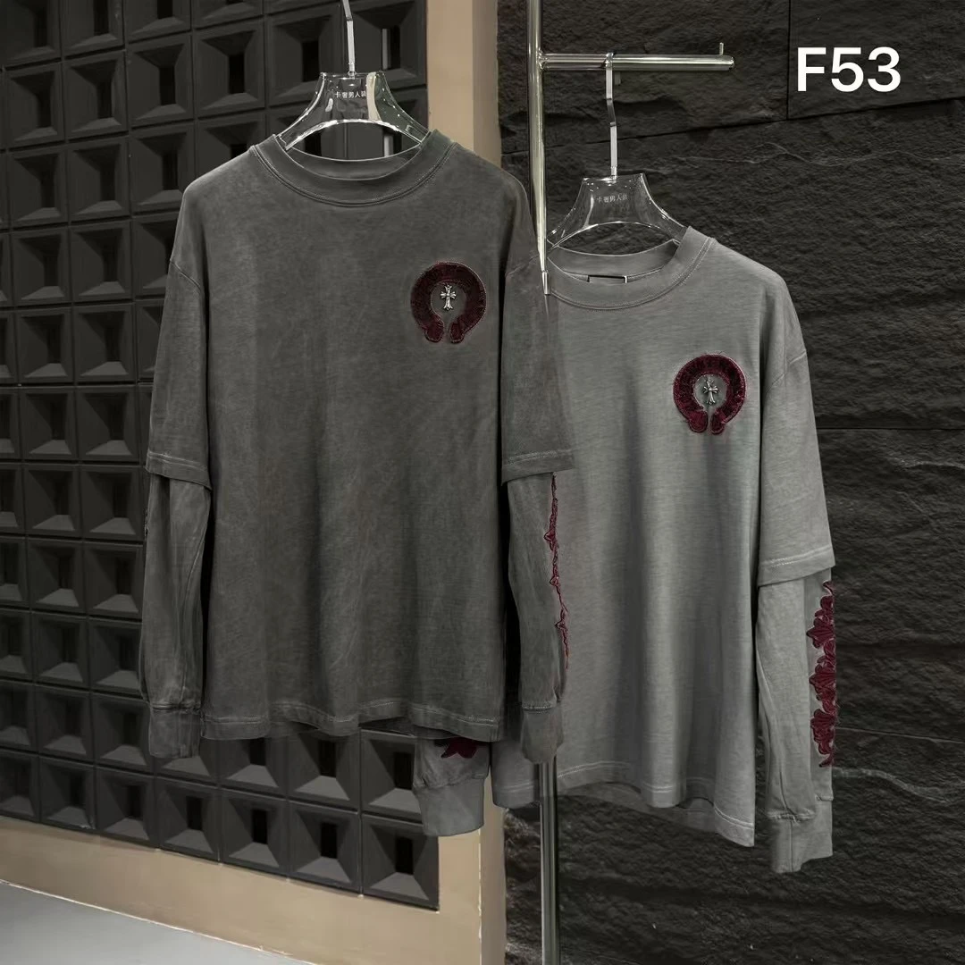 入春欧若风穿搭潮牌新款水洗刺绣假两件长袖圆领T恤