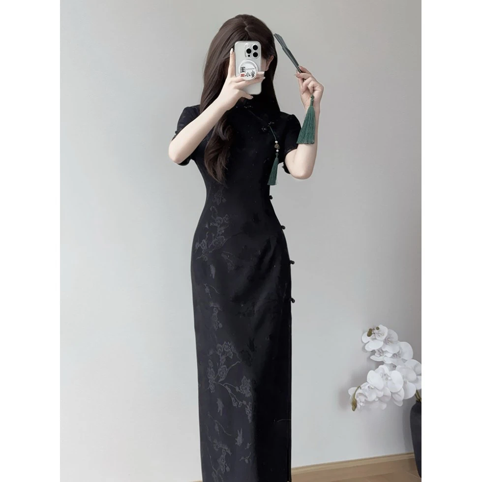 画报夫人黑色古法旗袍少女新中式高端气质提花连衣裙新款夏季复古