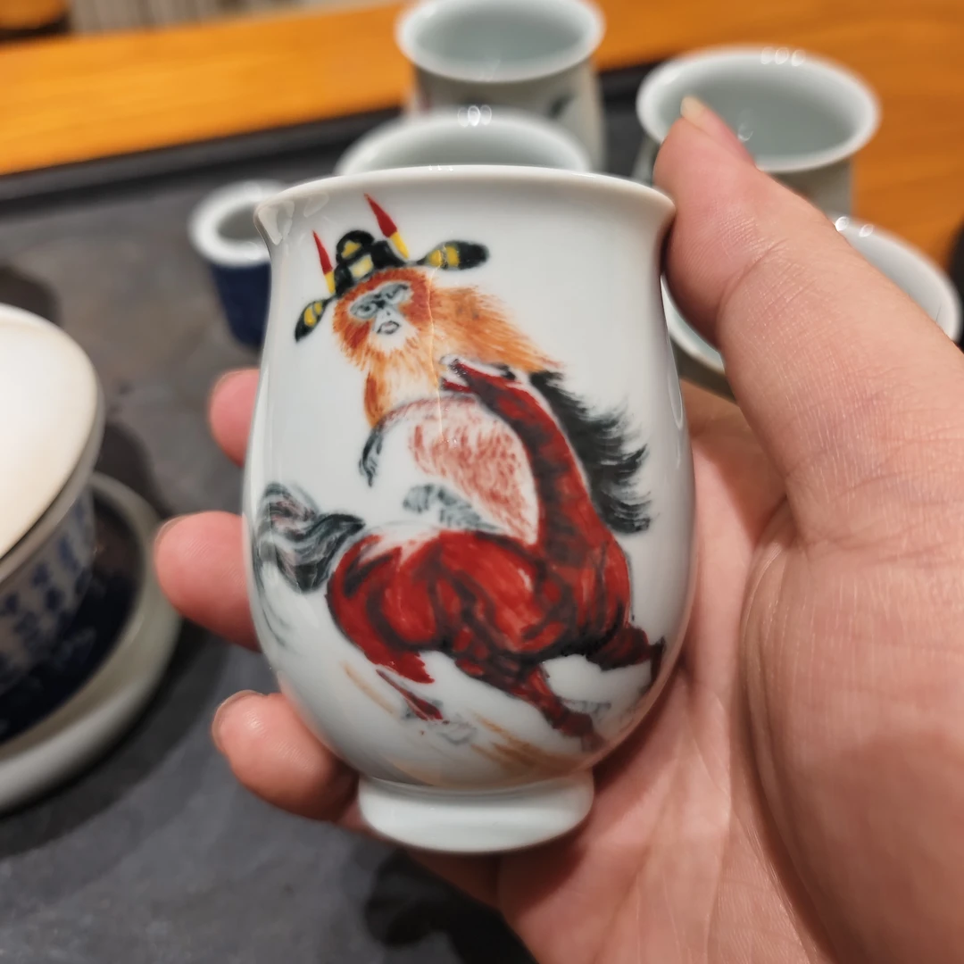 景德镇釉下彩高温手工手绘马上封侯主人杯闻香杯