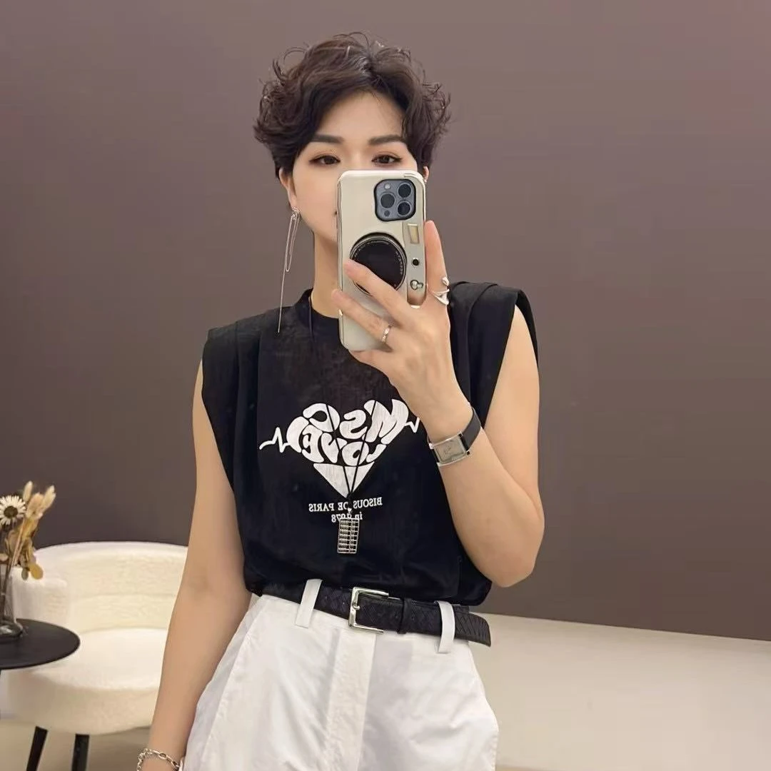 【玫瑰缘】欧货设计师款个性时尚网红休闲简约黑色无袖印花上衣