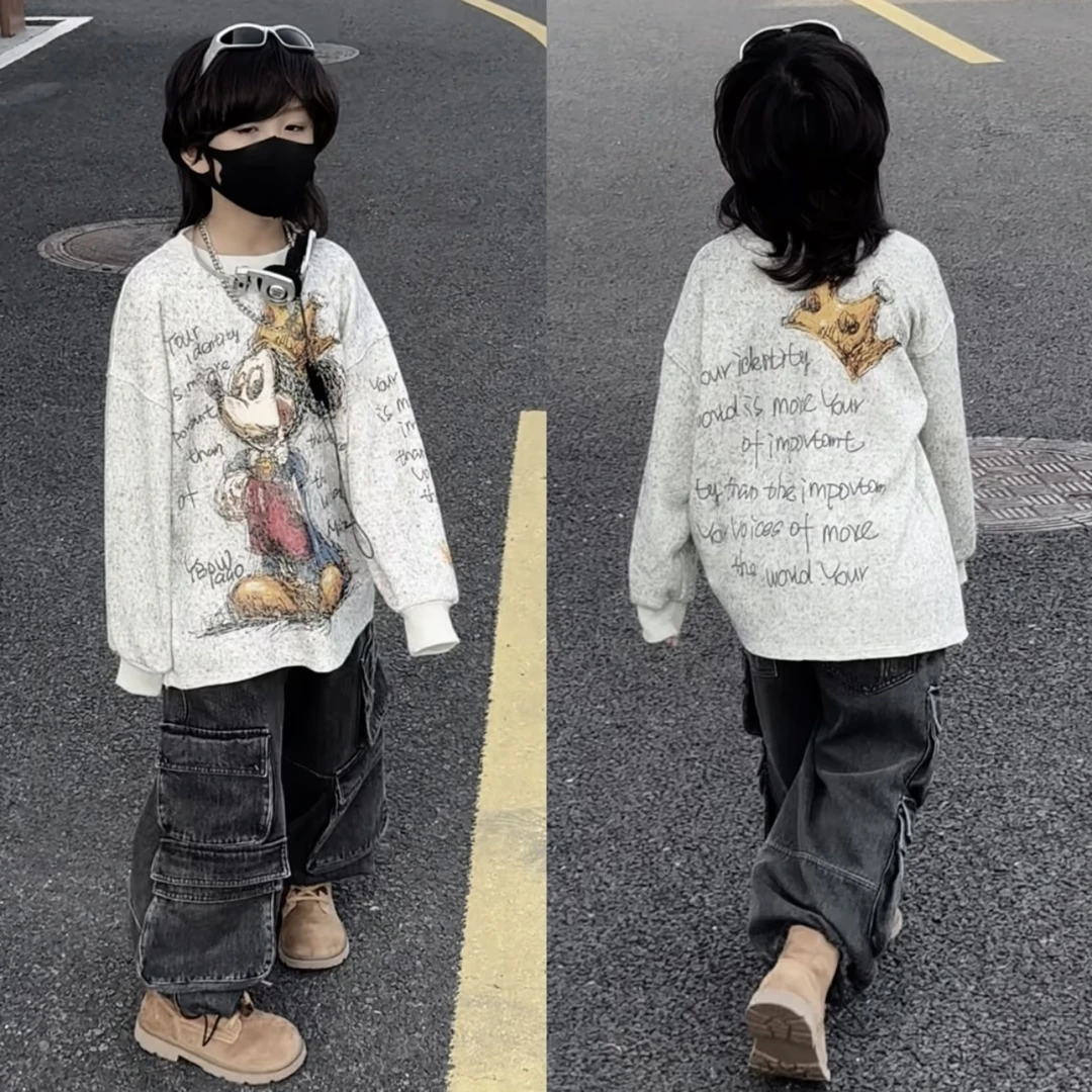 乐乐家儿童秋冬款美式潮牌卡通印花针织粗砂上衣宽松百搭卫衣