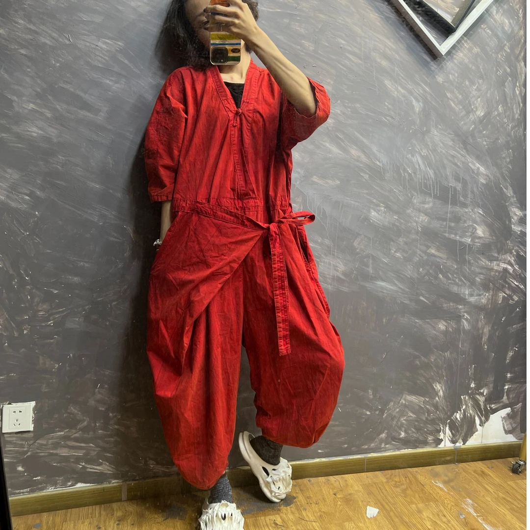 念北穿搭（定制款）棉麻暗条纹做旧抄色斜襟中式设计连体裤连体衣B