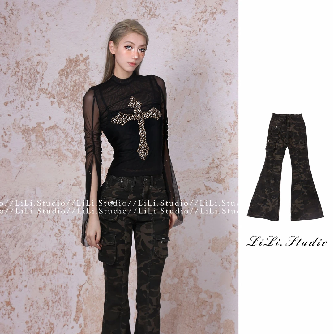 【LiLi】美式迷彩工装做旧微喇牛仔裤显腿长高腰气质迷彩牛仔喇叭裤
