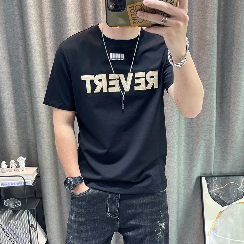 男士短袖t恤2025夏季新款字母印花纯棉半袖体恤衫高端男装上衣潮t