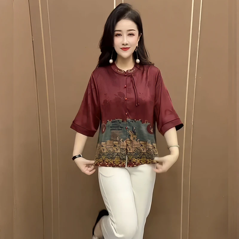中老年高档开衫夏季七分袖印花上衣胖妈妈时尚洋气新中式立领衬衫