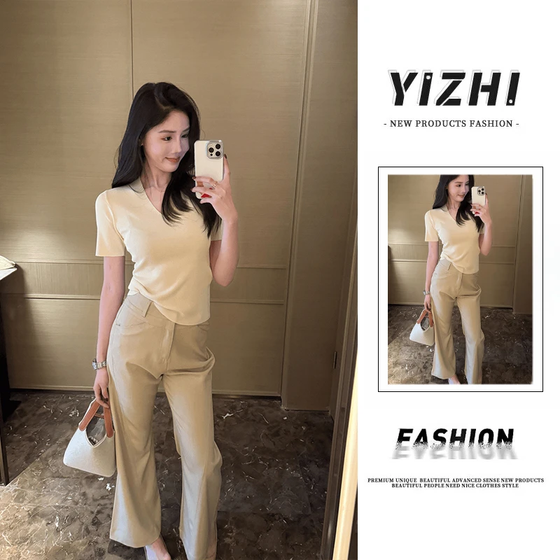 熠治韩系卡其色洋气微喇休闲裤女2025夏季修身显瘦高腰阔腿长裤