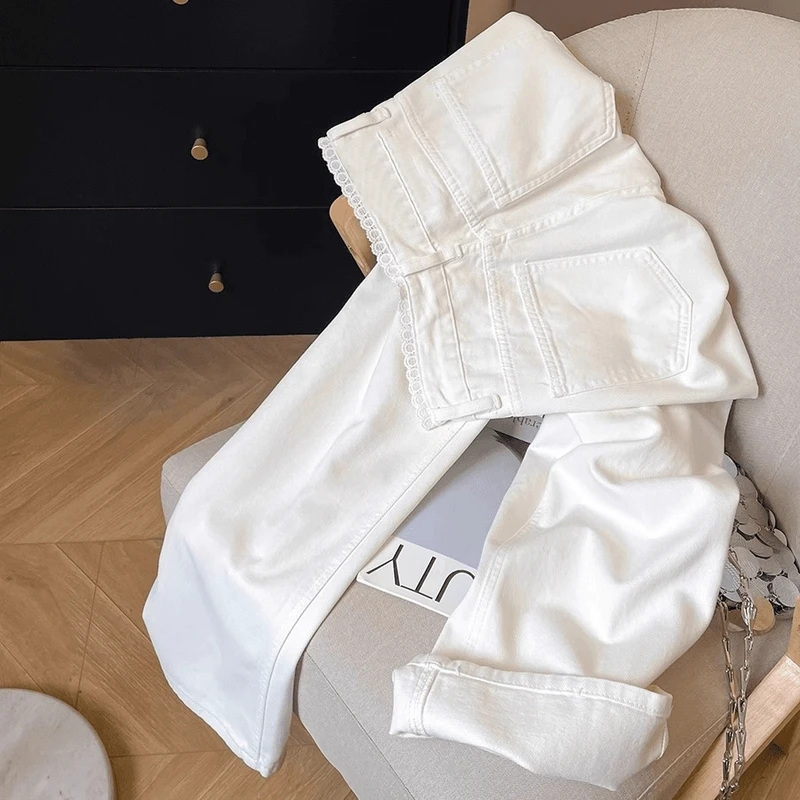 2025春季新款白色蕾丝边高腰牛仔裤女春夏显瘦窄版阔腿裤子潮7946