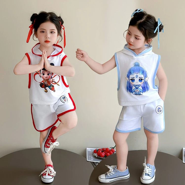 (亮灯款)儿童夏季新款运动套装哪吒敖丙印花连帽背心短裤两件套