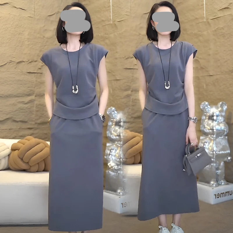 小个子时尚套装裙女士休闲短袖T恤夏季新夏季女士串珠半身裙套装