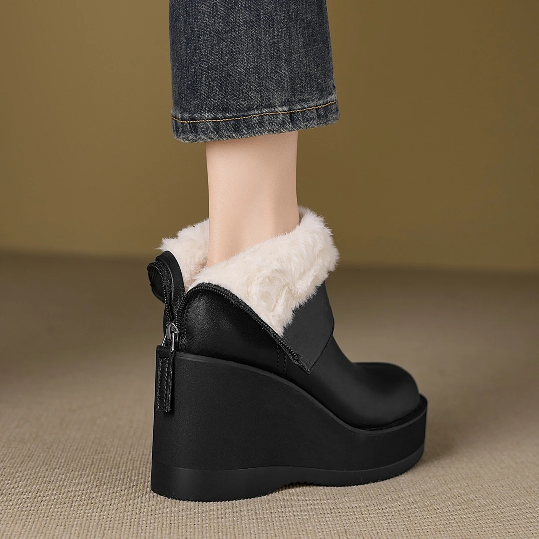 修悦~9cm小个子久穿不累脚防水台高跟短靴厚底坡跟马丁靴厚毛毛靴