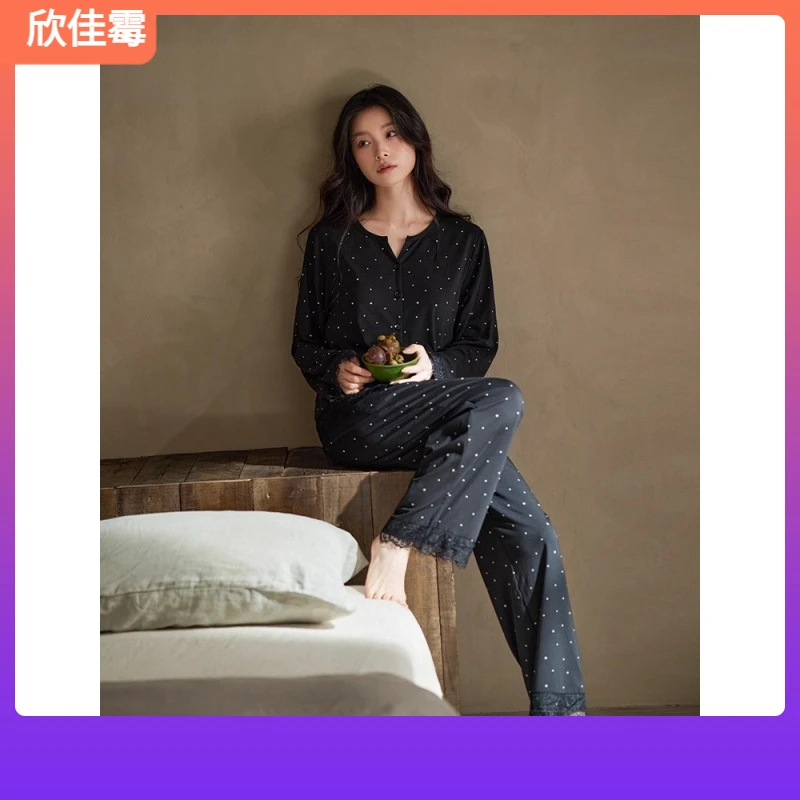1秋季带胸垫女睡衣2025年春秋莫代尔黑色波点家居服柔软可外穿I