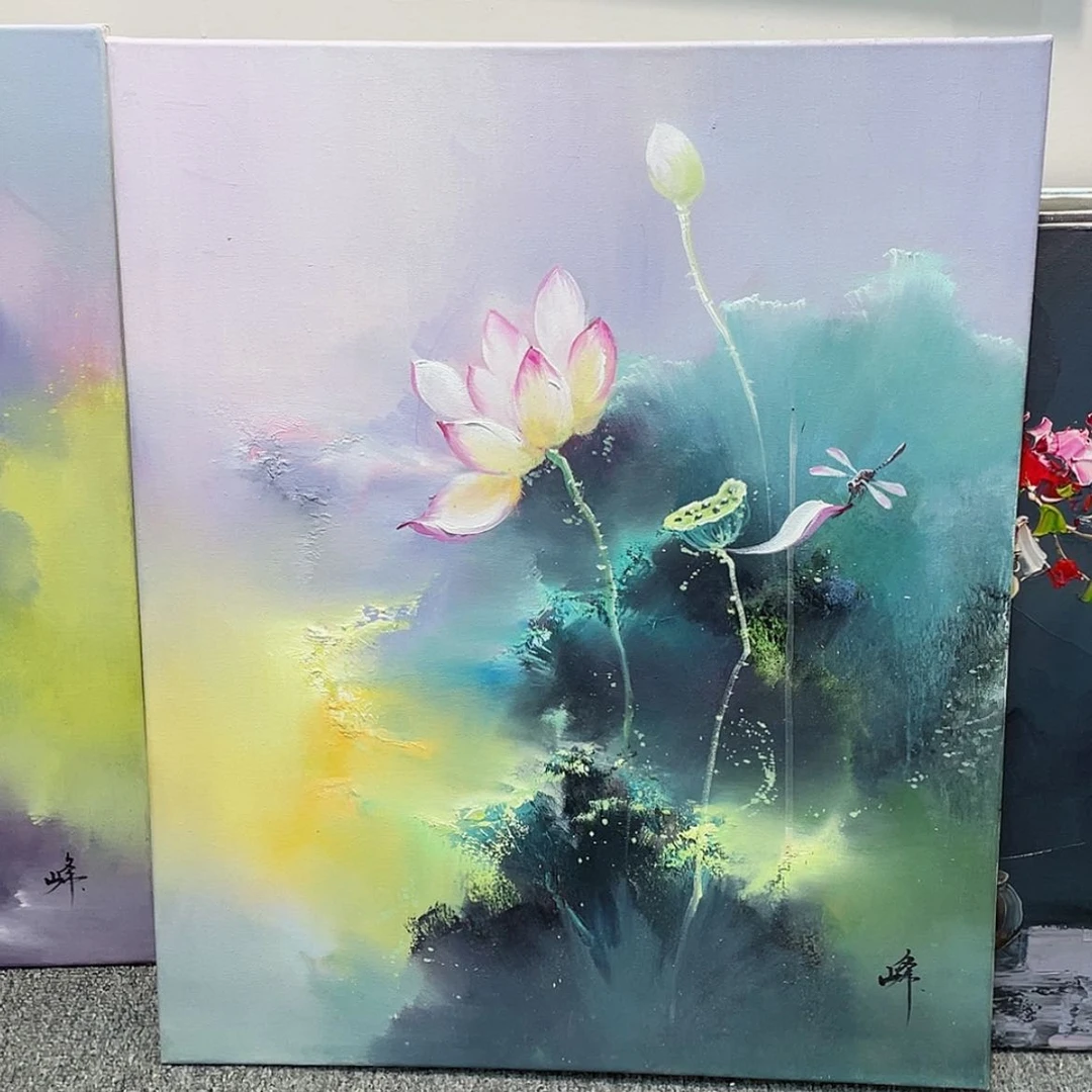 【闪购商品】油画雪峰原处荷塘景手绘油画画芯50×60含框