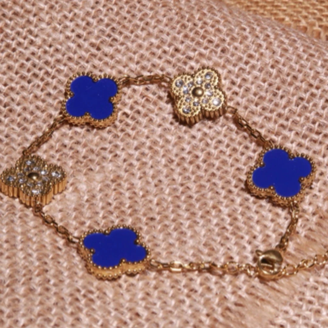 钛钢手链 宝蓝五花钻感幸运手链四叶花双面手链轻奢高级百搭精致