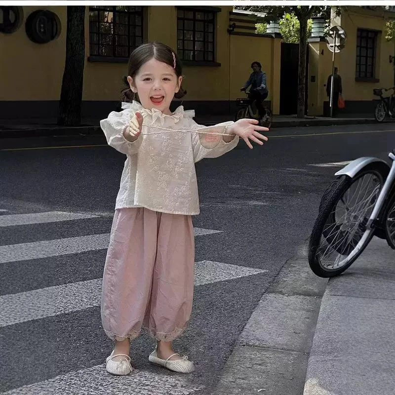 春季韩版儿童套装荷叶花边领衬衫女孩洋气上衣娃娃衫粉色灯笼裤