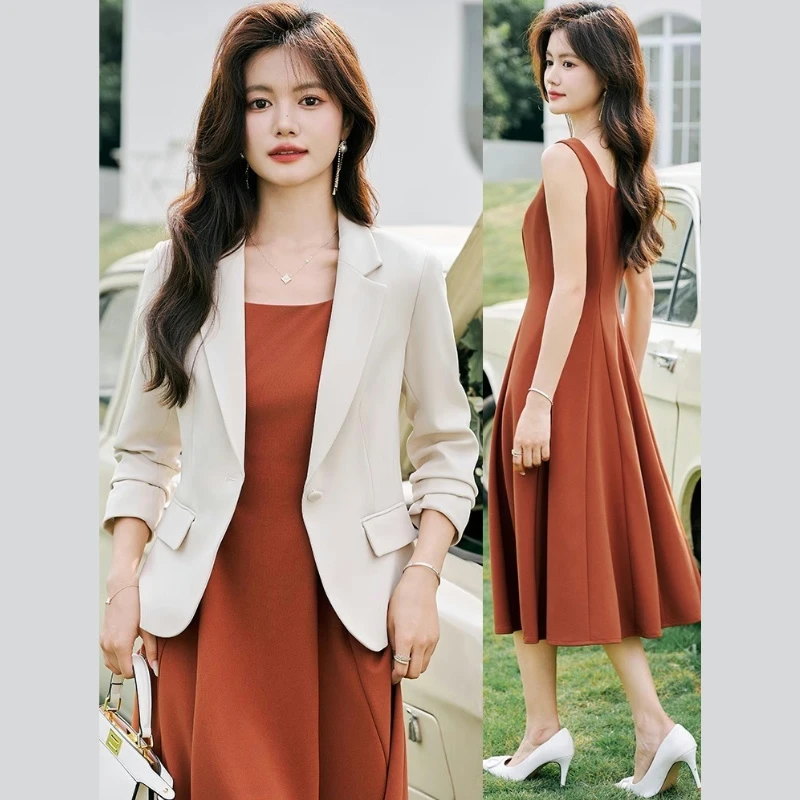 西装连衣裙套装两件套女2025新款春秋高级感无袖背心吊带裙打底裙