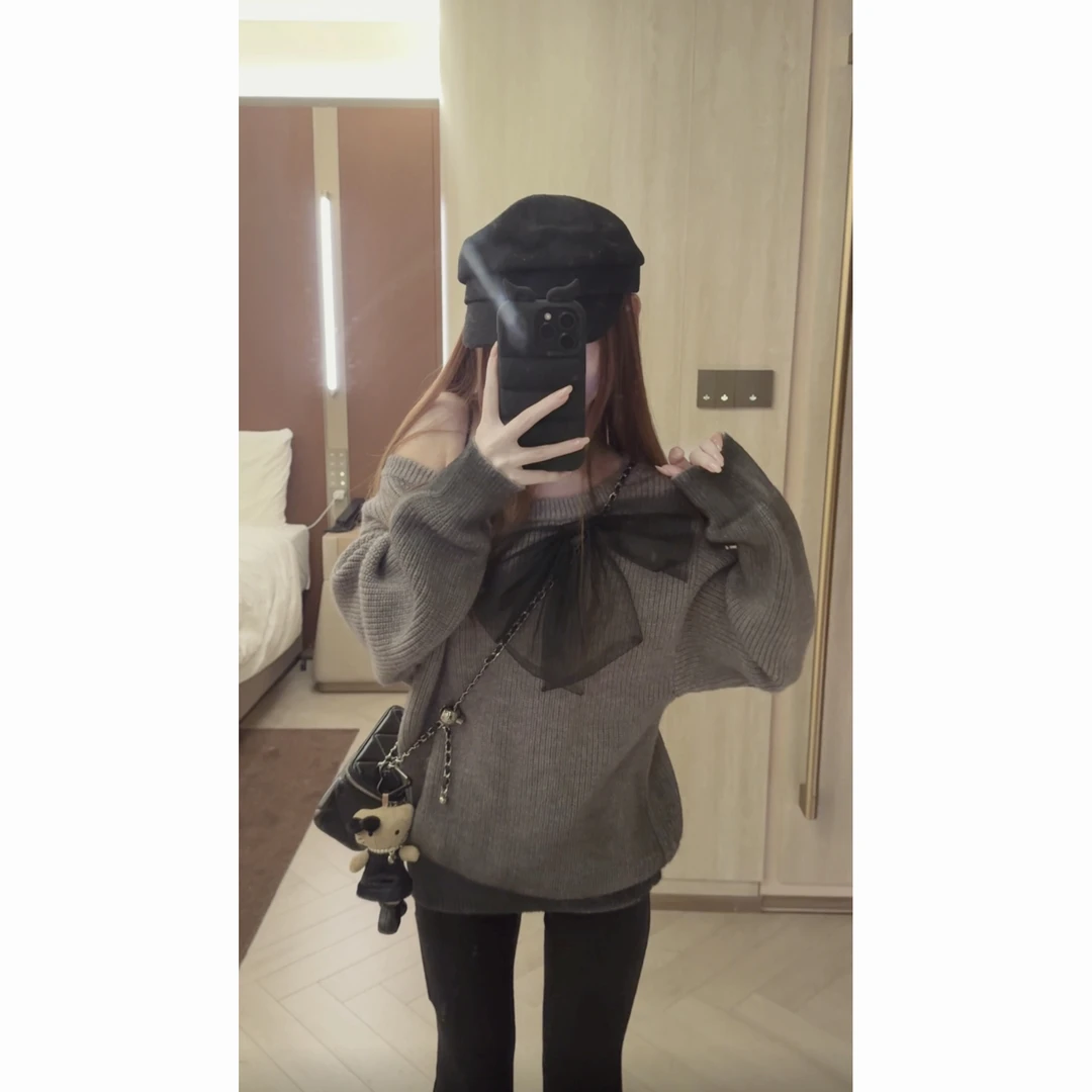 【黑蝶团团子】渐变毛衣针织蝴蝶结毛针织衫毛衣宽松百搭上衣