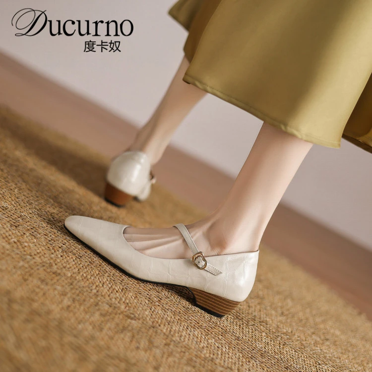 DUCURNO复古风一字带浅口四季单鞋女2025新款方头粗跟真皮小皮鞋