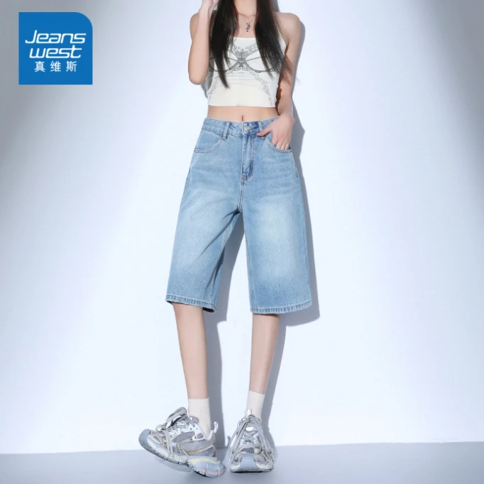 真维斯复古五分牛仔短裤女士2025夏季新款小个子高腰休闲直筒中裤