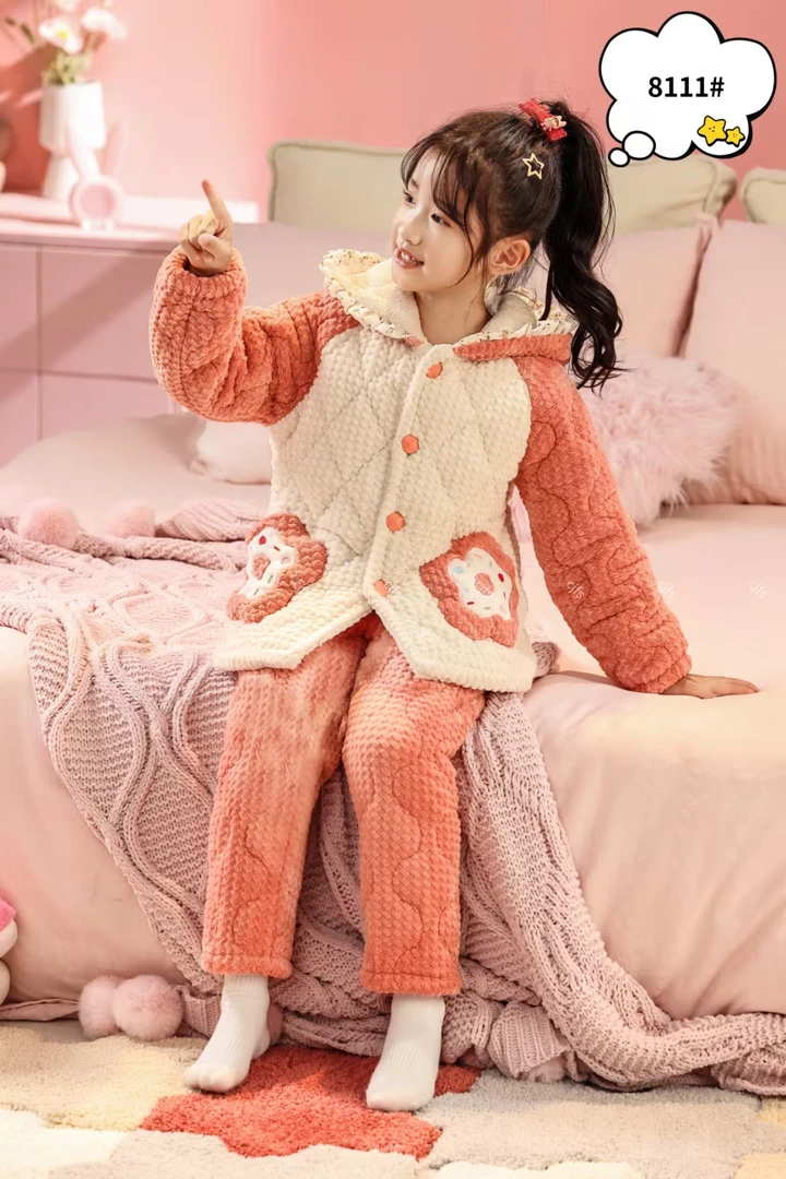 新款冬季儿童女睡衣时尚加厚三层夹棉连帽保暖家居服套装女童