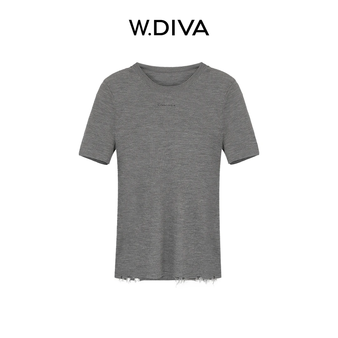 W.Diva【简随】100%美丽诺羊毛复古破损毛边圆领坑条针织53Z072903