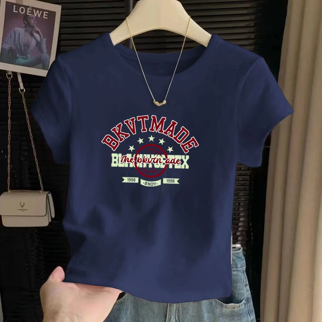 100%纯棉2025年夏季新款短款圆领修身时尚印花薄款短袖T恤上衣女