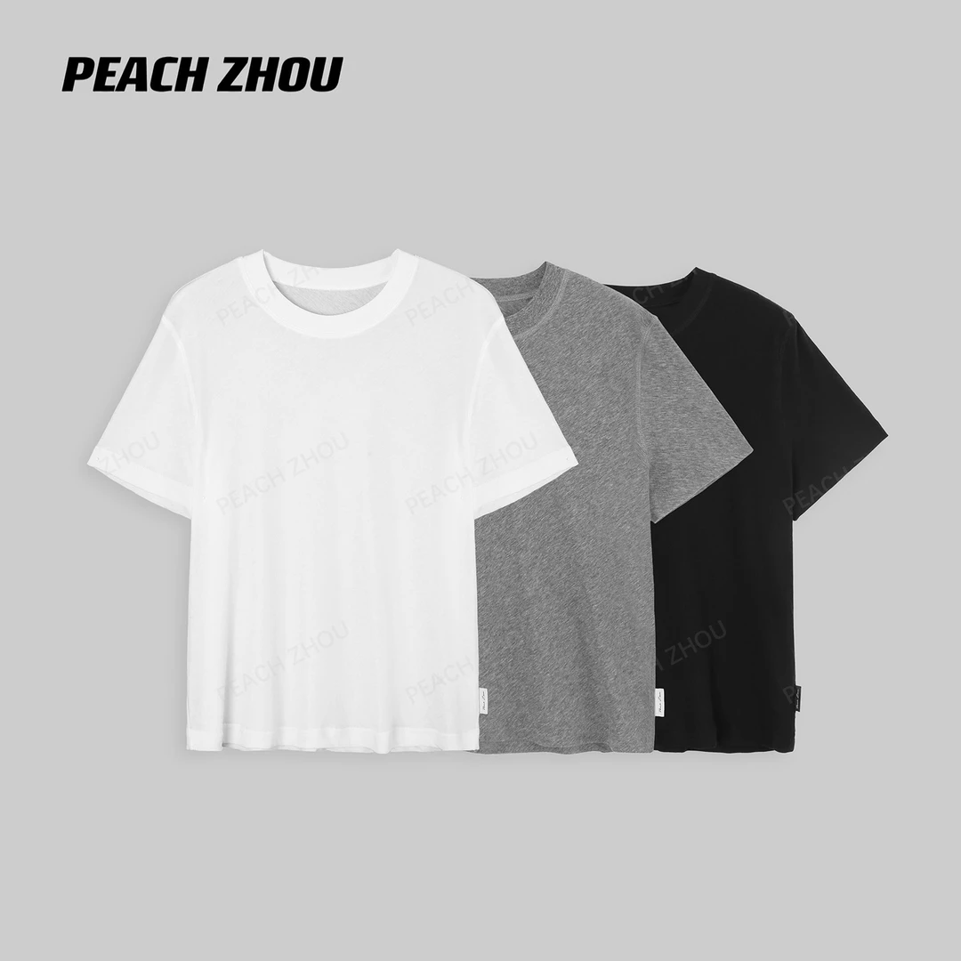 『PEACHZHOU』纸片明线轻薄基础款纯色宽松圆领短袖休闲百搭打底T恤