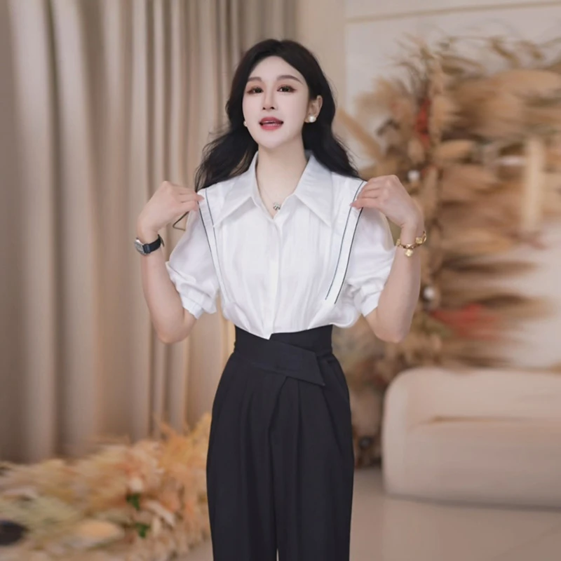 设计感拼接撞色Polo领白色衬衫女夏季修身法式小众衬衣轻熟风上衣
