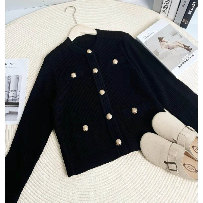 玲姐定制-黑色圆领微镂空款暗扣短款开衫毛衣外套15231