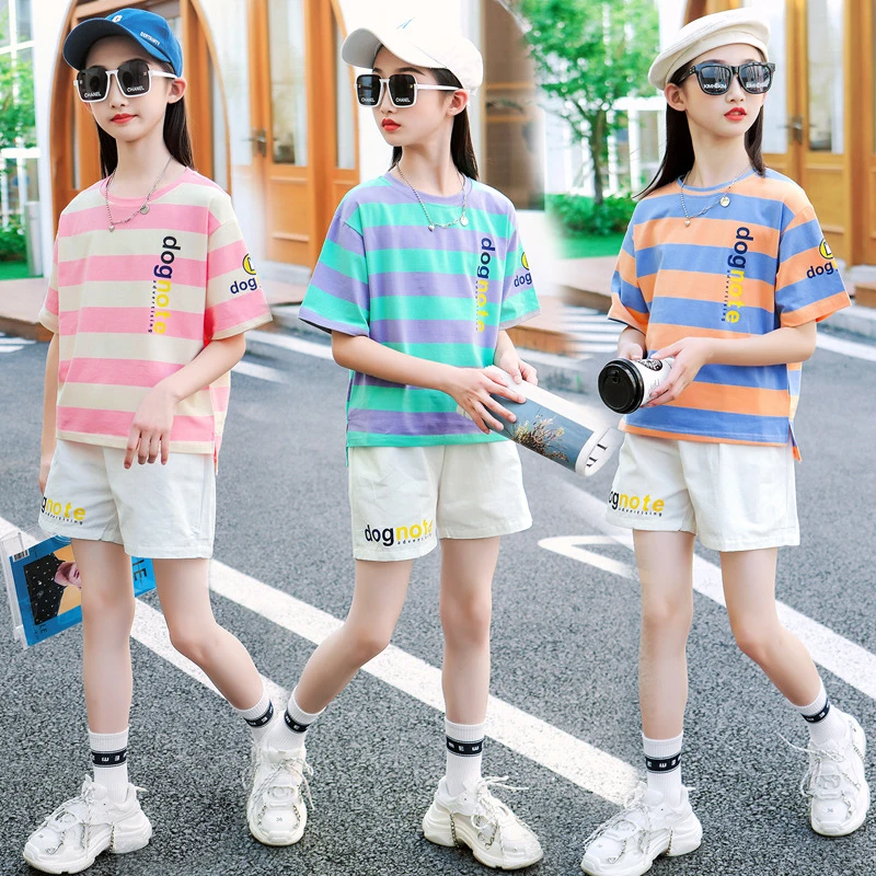 条纹运动夏季女童女薄款洋气套装童装休闲风韩版女孩大童夏装儿童