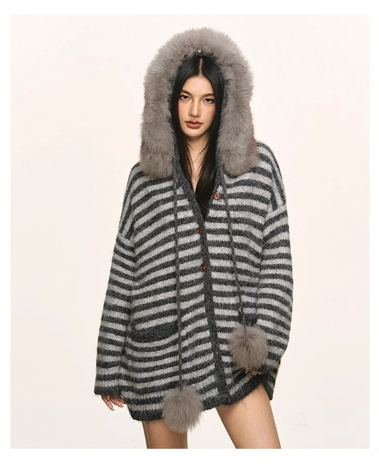 anna aneae羊毛连帽毛领毛衣外套女秋冬季慵懒条纹中长款宽松上衣