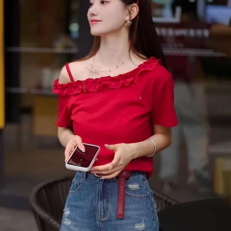 杜拉妮设计感一字领短袖t恤女2025新款夏季木耳边独好看露肩