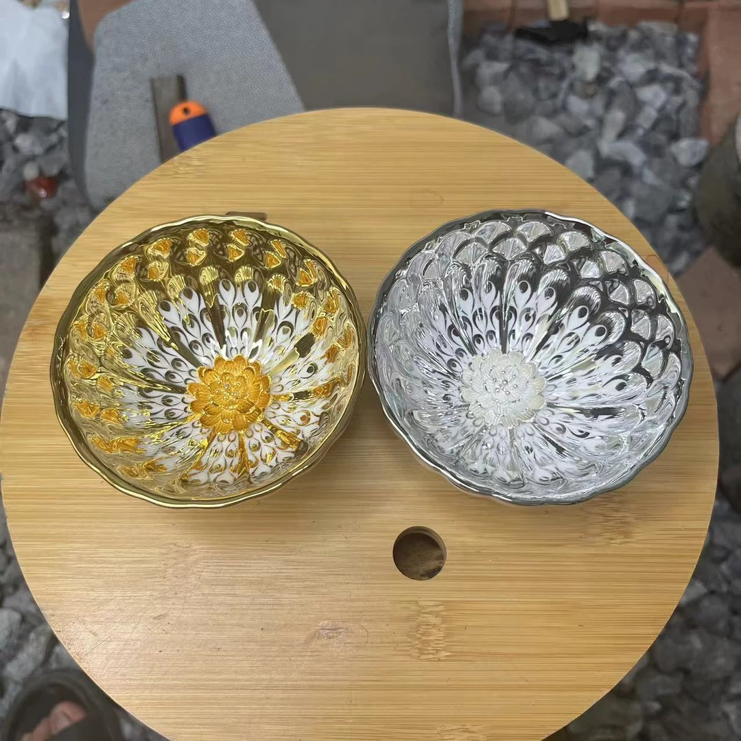 手工茶器 冰清玉洁银莲花+金玉满堂金莲花对杯