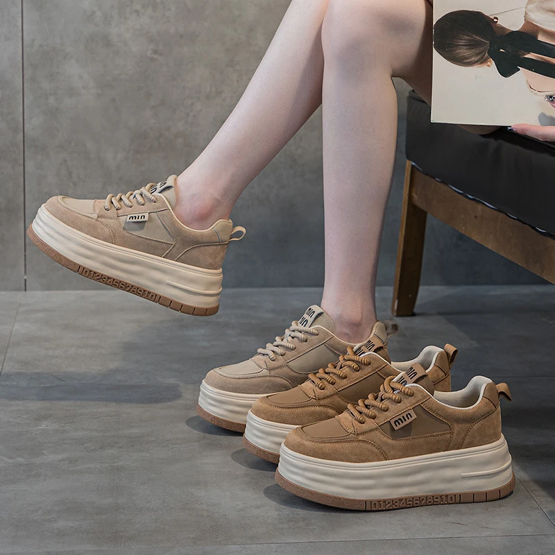 7cm厚底小个子板鞋女2025秋季新款棕色百搭防滑透气复古松糕鞋潮