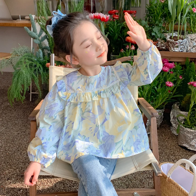 儿童甜美碎花韩版长袖2025早春春季新潮款女童衬衫洋气泡泡袖上衣