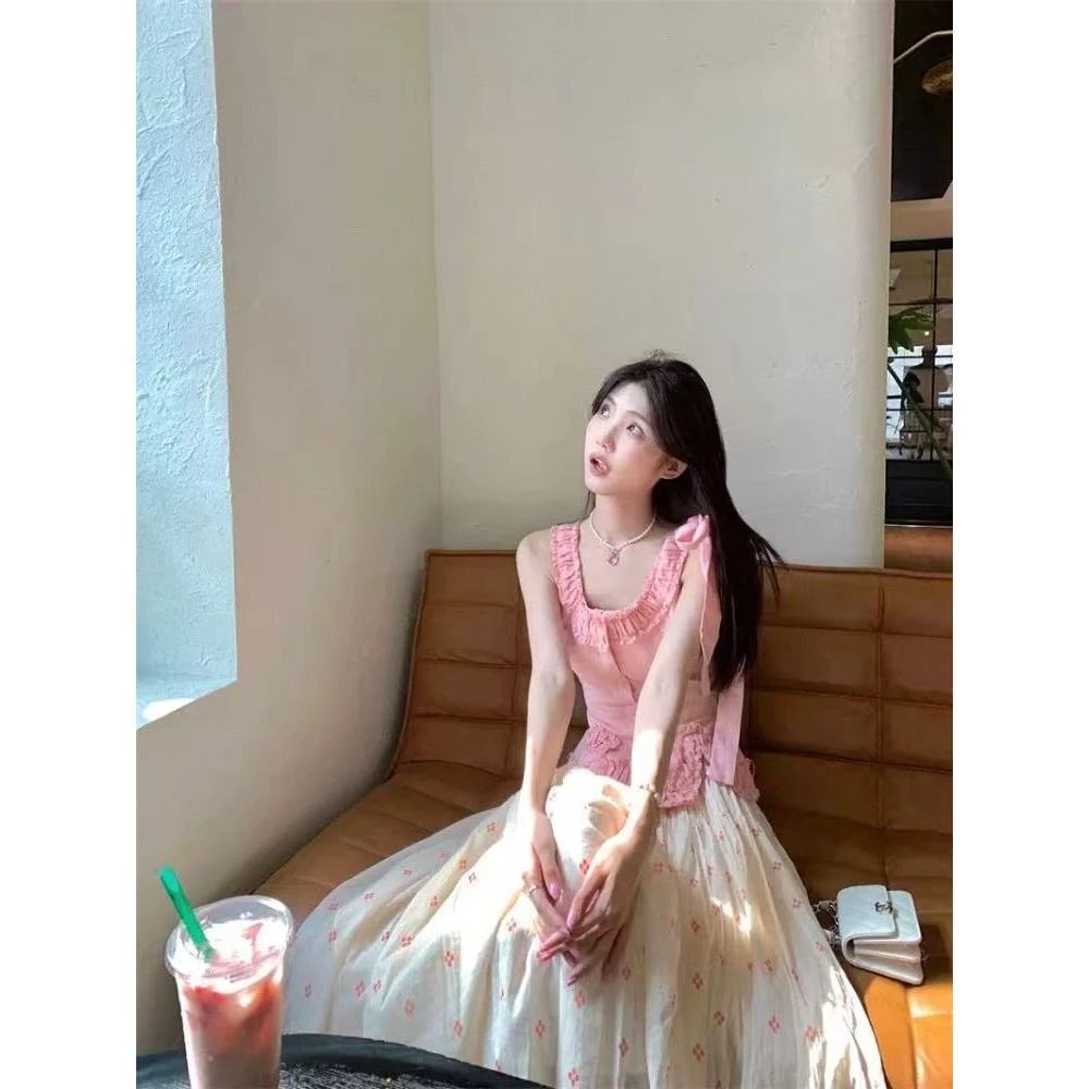 粉色背心上衣女装套装早春季2025新款小清新波点半身裙子套装8445