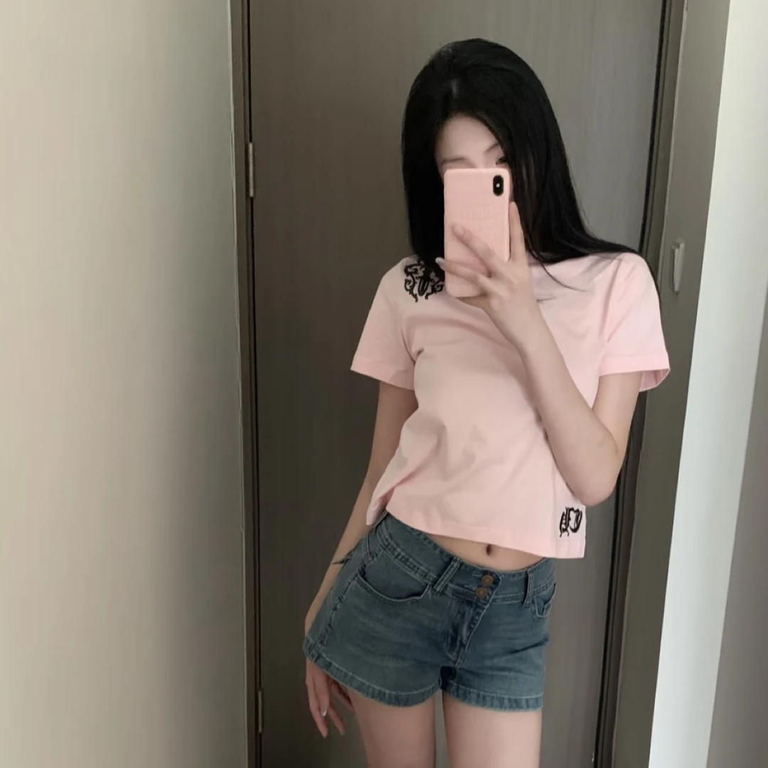 Onerich【克克】粉色t恤有弹力印花复古小众短袖