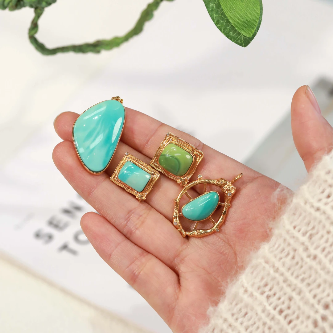 霖泽|绿松石18k金水波纹吊坠挂坠复古时尚国风潮流百搭0117