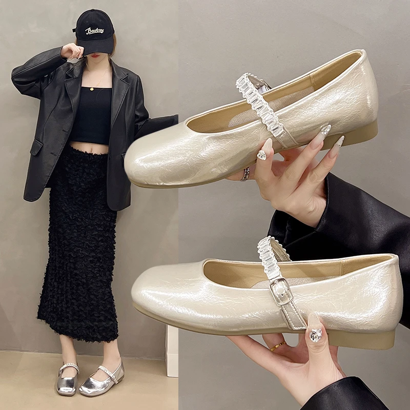 方头浅口仙女风鞋夏季水钻单鞋百搭平底芭蕾风运动风温柔法式