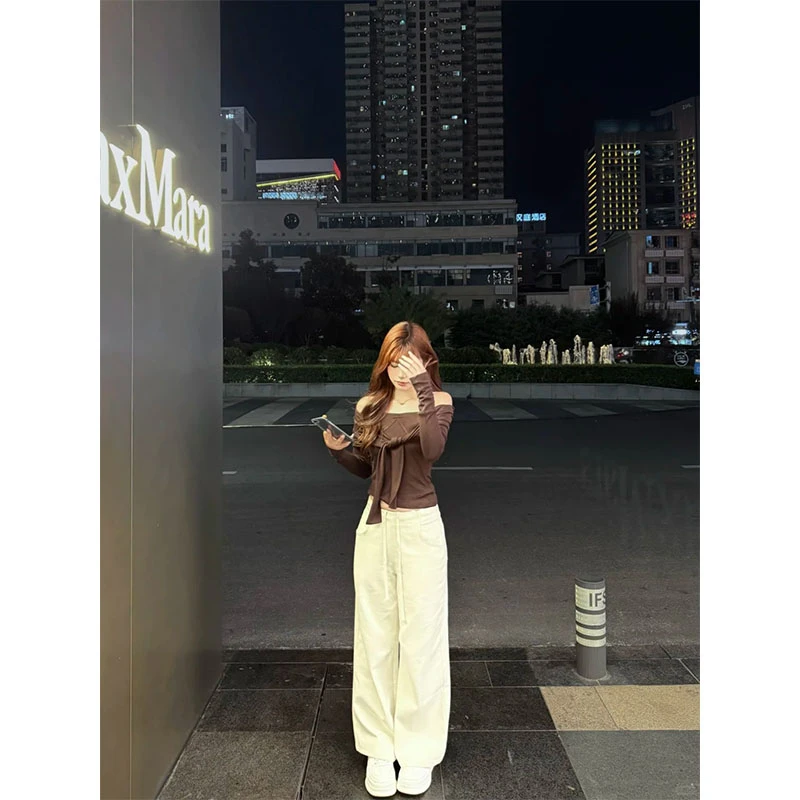 简约时尚秋冬套装设计感绑带小众露肩长袖上衣高腰直筒阔腿裤长裤