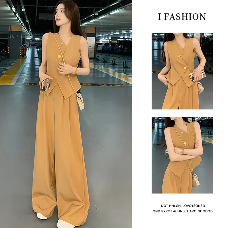 时尚高级感职业套装女2025年夏季新款韩系无袖上衣阔腿裤两件套潮