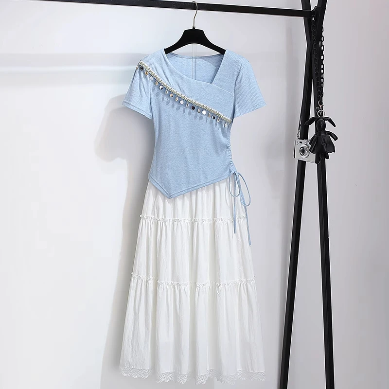 拉夏贝尔蓝色斜领短袖白色蕾丝花边半身裙子两件套女2025夏装新款